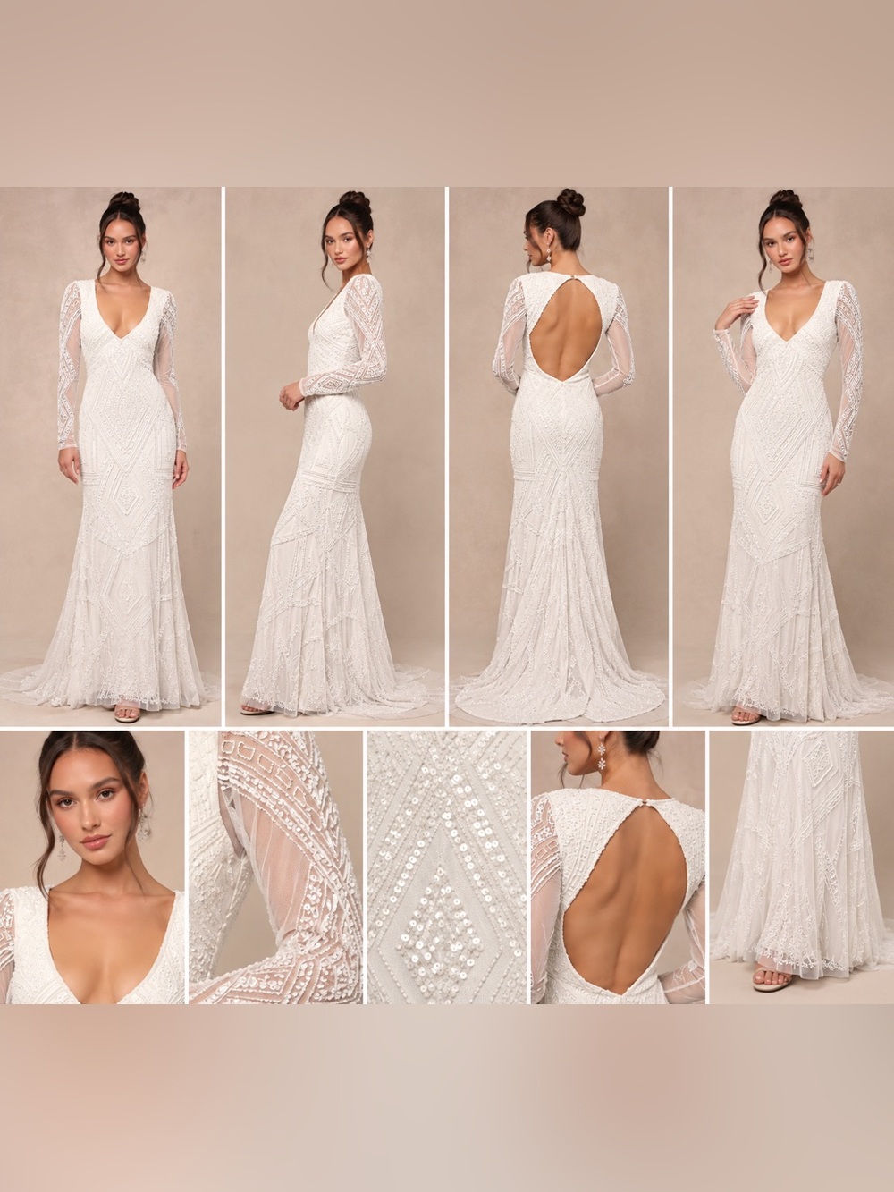 Lulus Deedra White Sequin Beaded Backless Bridal Maxi Dress M